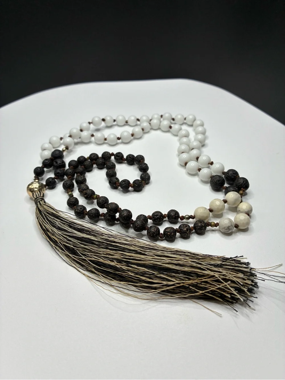 Vintage Layered Mixed Black and White Beaded Necklace with Tassel